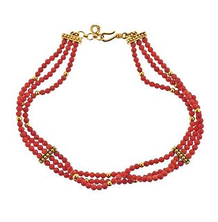 18K Gold Coral Bead Three Strand Necklace