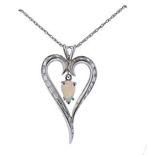 14k Gold Diamond Opal Heart Pendant Necklace 