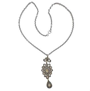 Silver 14k Gold Rose Cut Diamond Pendant Necklace 