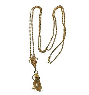 Antique Gold Pearl Tassel Pendant Necklace Chain 