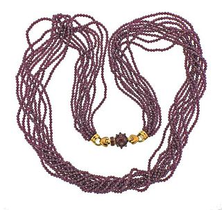 14k Gold Rhodolite Garnet Bead Enamel Multi Strand Necklace 