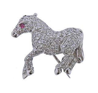 18k Gold Diamond Ruby Horse Brooch Pin 