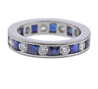 Platinum French Cut Sapphire Diamond Wedding Band Ring 