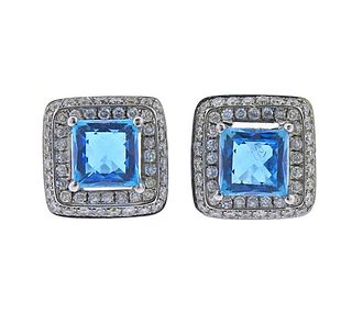18k Gold Diamond Blue Topaz Stud Earrings 