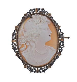 Antique 14k Gold Silver Shell Cameo Large Brooch 