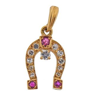 18k Gold Diamond Ruby Horseshoe Pendant 