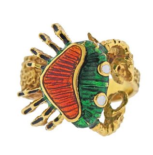 18k Gold Enamel Crab Ring 
