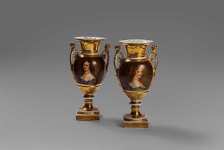 Pair of porcelain vases, Empire period, gilded and painted with portraits of ladies