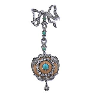 Universal Geneve 18k Gold Diamond Turquoise Lapel Watch Brooch 