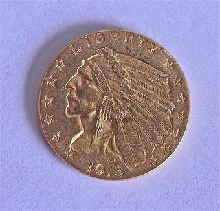 1913 Indian Head 2.5 Dollar Gold US Coin 