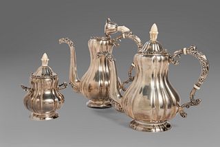 Silver service consisting of coffee pot, teapot and sugar bowl, 20th century