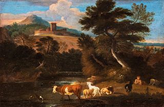 Dirck  Van Bergen (Harleem  1649-1700)  - River landscape with shepherds and herds