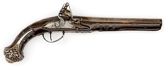 European Flintlock Silver-Mounted Pistol 