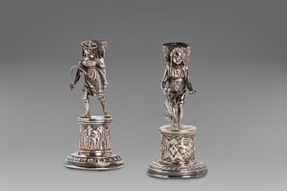 Two silver stick holders, Lombard - Veneto stamp, 19th century