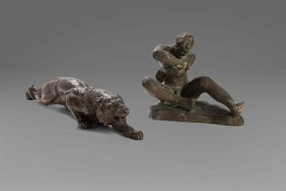 Lot of two small bronze sculptures: Saverio Gatto, Male Nude; and Lying Tiger