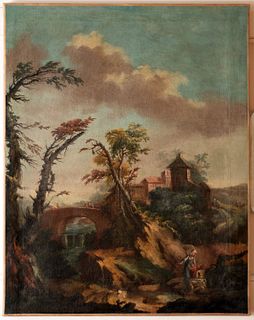 Scuola piemontese, secolo XVIII - River landscape with wayfarers
