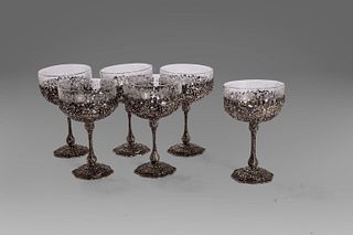 Set of six champagne glasses in crystal and 800 silver, Germany, late 19th - early 20th century