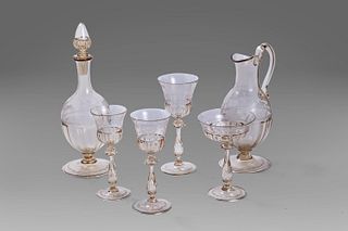 Set for ten in ground glass, consisting of 40 glasses and two carafes