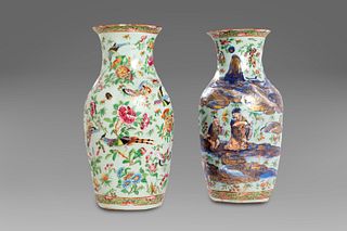 Pair of porcelain vases in Celadon color and polychrome and gold enamels, China 19th century