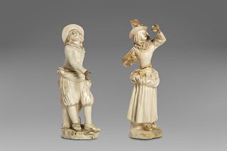 Two small majolica sculptures of Neapolitan manufacture, XVIII century: a young man and a girl drinking