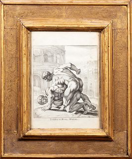 Pair of Emilian frames, 18th century, with two prints of the Villa Medici wrestlers