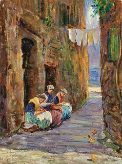 Scuola italiana - Women sewing in an alley