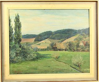 Theo Elsinger, Farm Landscape, Oil on Board