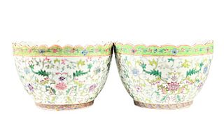 Pair of Chinese Porcelain Floral Motif Large Bowls