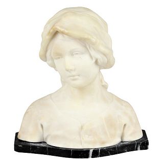 French Stone Maiden's Bust on Marble Base