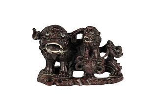Chinese Wood Carving of a Foo Dog and Her Young