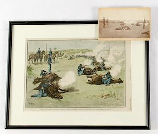 Cabinet Card Photograph and Colored Lithograph of Cavalry Drill 
