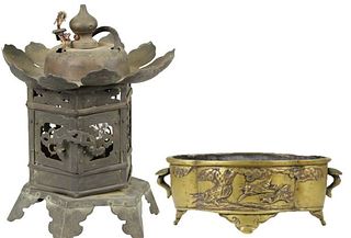(2) Asian Bronze Items, Bowl & Lantern