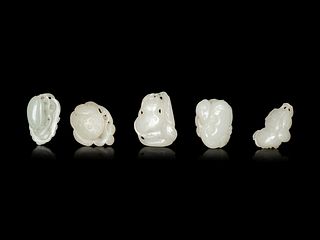 Five White Jade Carved Figures of Fruit
Length of longest 1 5/8 in., 4 cm.