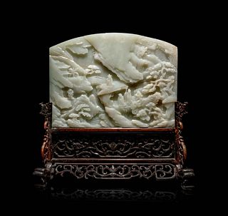 A Fine Pale Celadon Jade Table Screen 
Height overall 11 7/8 x width 12 1/8 x depth 4 1/2 in., 30.16 x 30.8 x 11.43 cm 