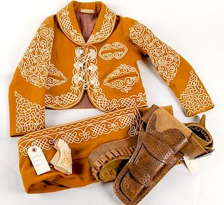 Mexican Tooled Leather Cartridge Belt and Holster, Carved Celluloid Pistol Grips, and a  La China Poblano  Child's Outfit 