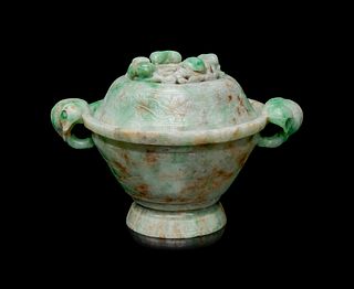 An Apple Green and Pale Celadon Jadeite Covered Bowl
Height 5 x width 7 in., 12.7 x 17.8 cm
