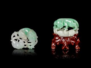 Two Apple Green and White Jadeite 'Double Badgers' Carvings
Length of larger 1 5/8 in., 4.1 cm.