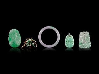 Five Jadeite Jewelry
Length of largest pendant 2 3/8 in., 6 cm.