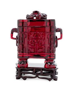 A Transparent Ruby-Red Plastic Imitating Glass Archaistic Incense Burner and Cover, Tulu
Height 5 1/2 inch, 14 cm