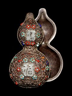A Jade and Hardstone Embellished Silver Mounted Gourd Covered Box
Length 11 7/8 in., 30 cm.