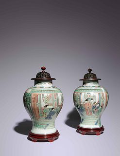 A Pair of Wucai Porcelain 'Figural' Baluster Jars
Height 13 3/4 in., 35 cm