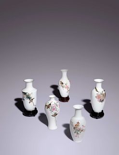 Five Famille Rose Eggshell Porcelain 'Birds' Vases
Height average 6 1/4 in., 16 cm.