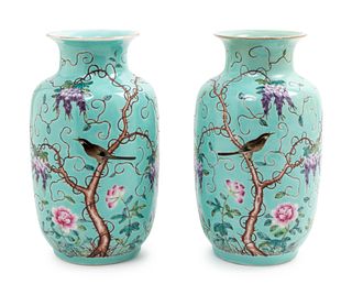 A Pair of Turquoise Ground Famille Rose VasesHeight of each 8 in., 20.32 cm