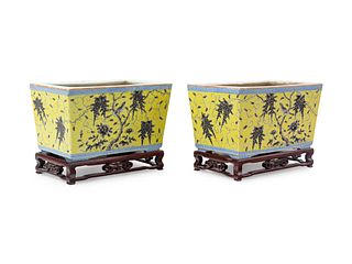 A Pair of Yellow Ground Grisaille Enameled Rectangular Planters
Height 5 1/2 in., 14 cm.