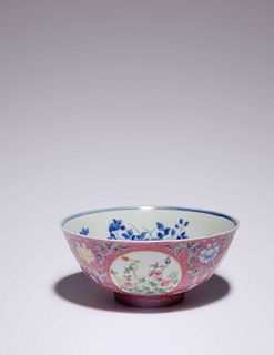 A Ruby Sgraffito Ground Famille Rose and Underglaze Blue Porcelain Bowl
Diameter 5 5/8 in., 14.29 cm