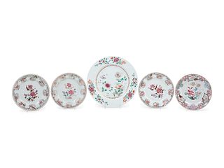 Five Export Famille Rose Porcelain 'Floral' Plates
Diameter of largest 12 7/8 in., 32.7 cm.