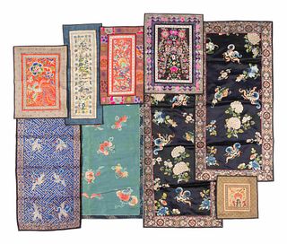 Twelve Embroidered Silk Panels
Height of largest 19 1/2 x width 74 5/8 in., 180.9 x 41 cm.
