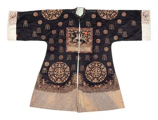 A Midnight Blue Ground Embroidered Silk Lady's Informal Robe
Length 43 in., pit to pit 27 in., 109.2 cm., 68.6 cm.