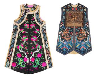 Two Silk Embroidered Lady's Vests 
Length of larger 52 in., 132.1 cm.