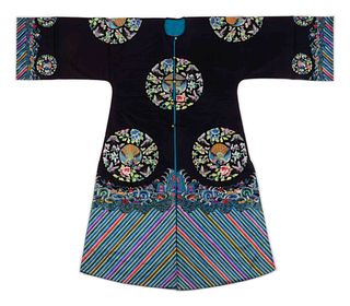 A Black Ground Embroidered Silk Lady's Surcoat
Length from collar to hem 51 1/4 in., 130 cm.